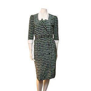 Vintage 80s Liz Roberts Petites Green Blue Printed Double Breasted Dress Size 8